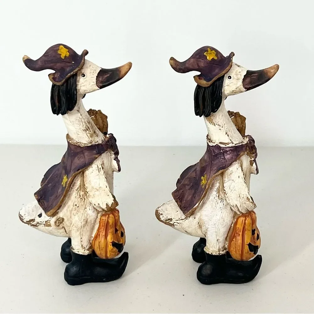 VTG Tii Collection Halloween Duck Witch Pumpkin Broom Resin Figurine Set Of Two
